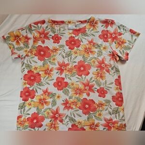 Bobbie Brooks Womens White And Orange Floral Textured Short Sleeve Top Size XL